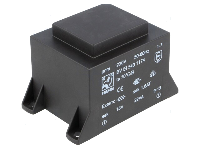 Transformator: ingegoten; 22VA; 230VAC; 15V; 1467mA; PCB; BVEI Transformator: ingegoten; 22VA; 230VAC; 15V; 1467mA; PCB; BVEI